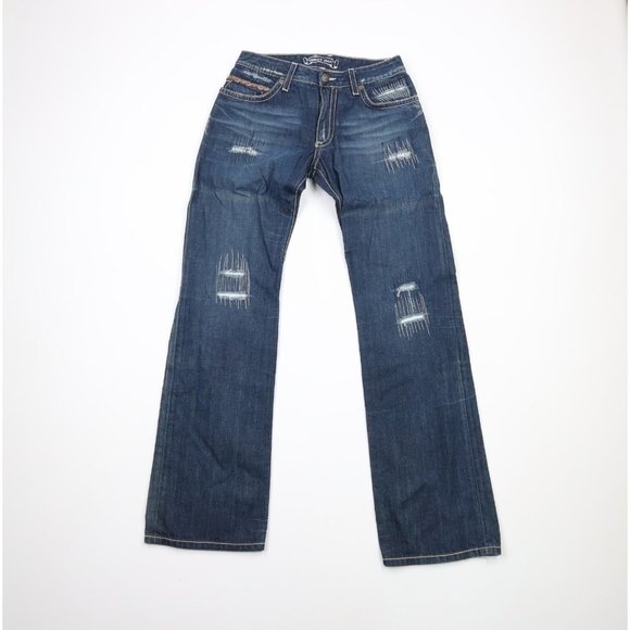 Robins Jeans Mens 30x34 Distressed Riveted Thick Stitch Flared Denim Jeans Blue